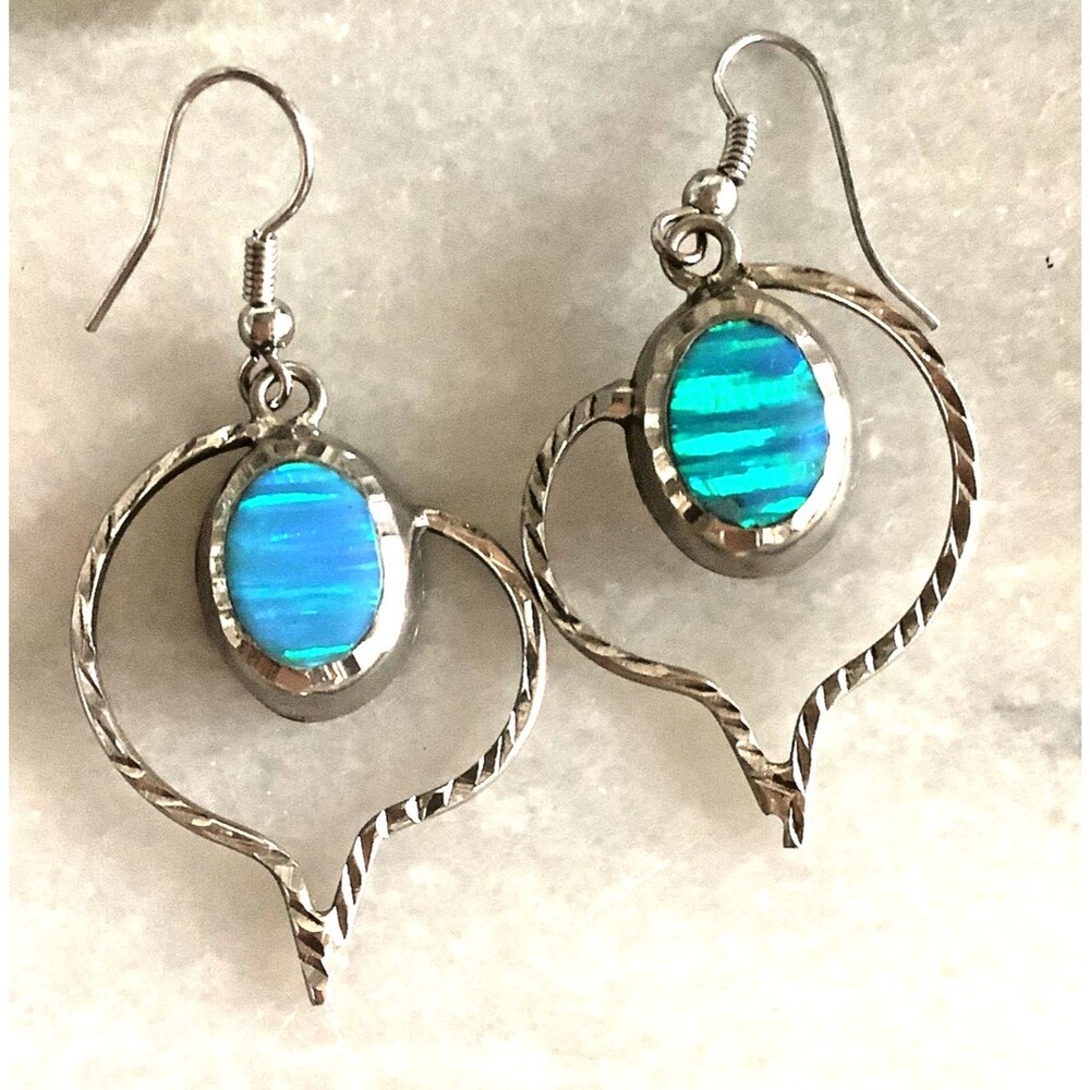 Vintage Earrings Mexico Sterling Silver Lab Blue Fire Opal 925 Dangle MCM Signed